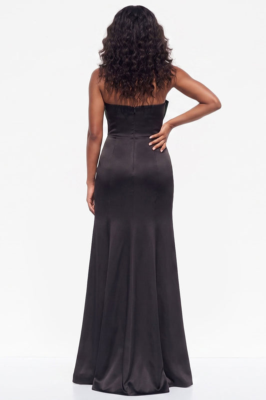 Burgundy Mermaid Strapless Satin Long Black Tie Dress with Slit