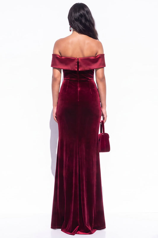 Burgundy Mermaid Off the Shoulder Long Velvet Holiday Dress with Slit