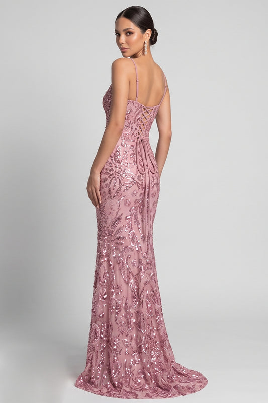 Sparkly Pink Mermaid Spaghetti Straps Floral Sequins Long Evening Dress