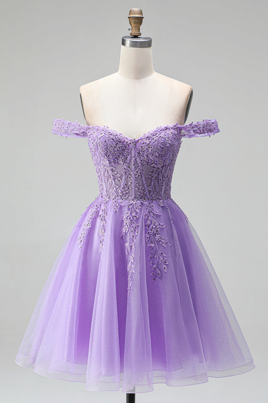 Sparkly Light Plum Corset Beaded Floral A Line Tulle Short Cocktail Dress