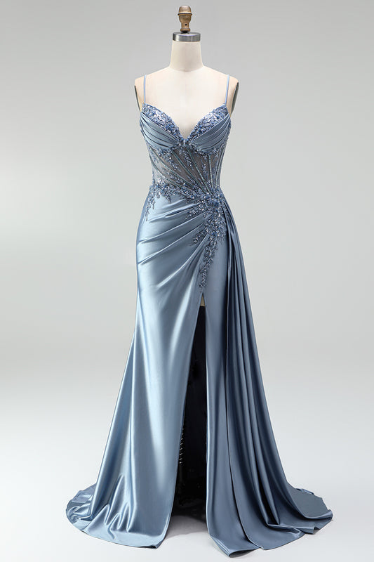 Sparkly Grey Blue Corset Satin Beaded Ruched Mermaid Long Prom Dress with Side Cape