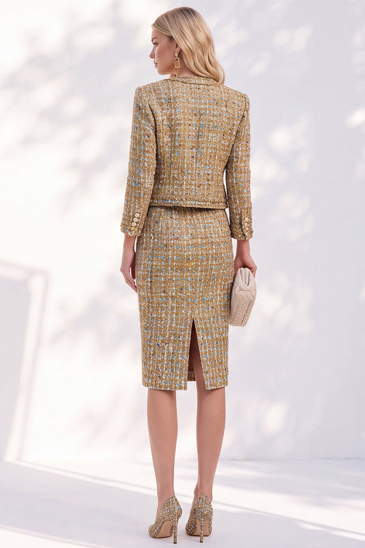 Golden Tweed 2 Piece Pencil Midi Pageant Interview Outfits