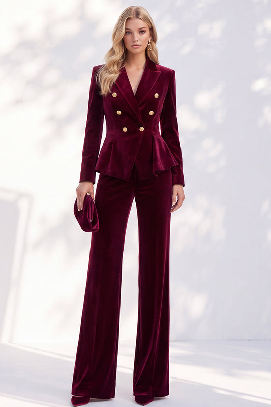 Burgundy Velvet Peak Lapel 2 Piece Slim Fit Ruffled Work Suits
