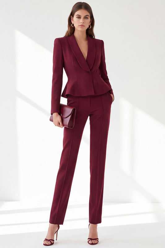 Burgundy Shawl Lapel 2 Piece Ruffled Slim Fit Work Suits with Pockets