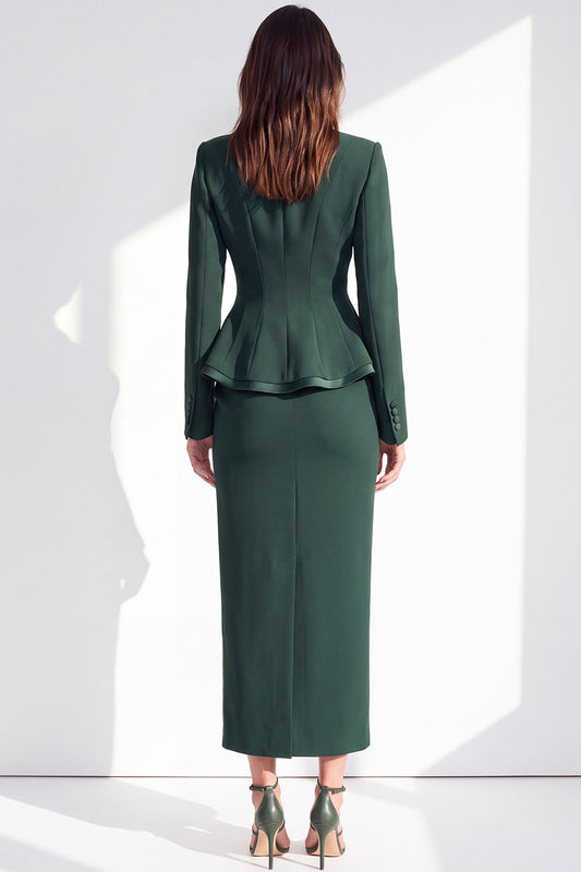 Dark Green 2 Piece Notched Lapel Pencil One Button Ruffled Midi Work Dress with Slit