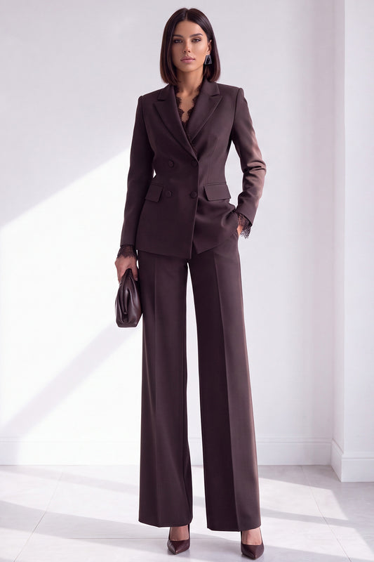 Coffee Peak Lapel 2 Piece Slim Fit Double Breasted Work Suits with Pocket