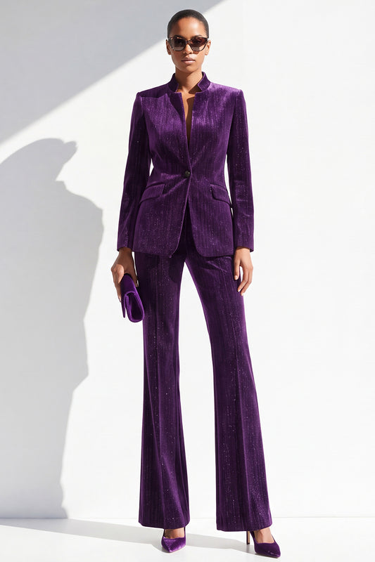 Dark Purple Glitter 2 Piece Lapel Slim Fit One Button Velvet Work Suits