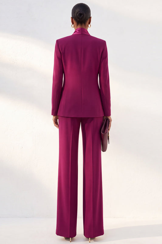 Purple Red Shawl Lapel 2 Piece Work Suits with Neck Scarf