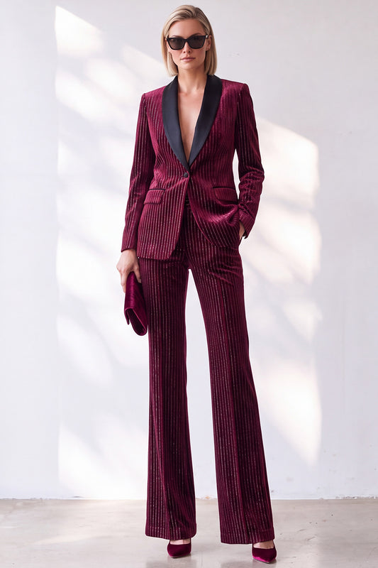 Sparkly Burgundy 2 Piece Striped Slim Fit Shawl Lapel Velvet Work Suits with Pocket
