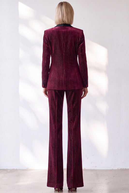 Sparkly Burgundy 2 Piece Striped Slim Fit Shawl Lapel Velvet Work Suits with Pocket
