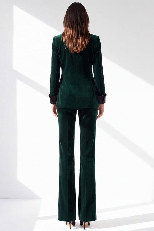 Dark Green 2 Piece Peak Lapel Slim Fit Velvet Work Suits with Pockets