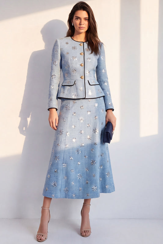 Sparkly Blue Round Neck 2 Piece Sequins A Line Tweed Single Breasted Midi Work Dress