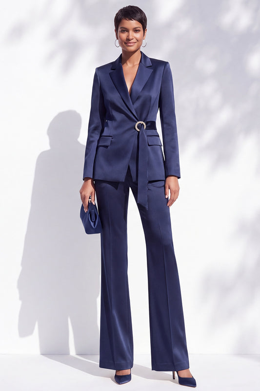 Navy Satin 2 Piece Notched Lapel Beaded Work Suits with Sash