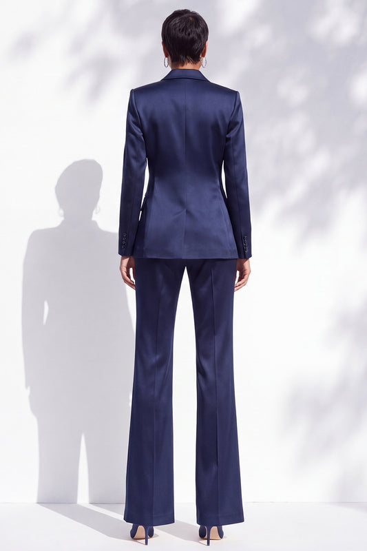 Navy Satin 2 Piece Notched Lapel Beaded Work Suits with Sash