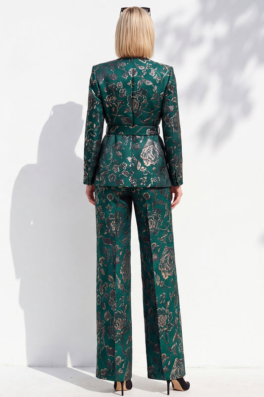 Dark Green Jacquard 2 Piece V-Neck Prom Suits with Belt