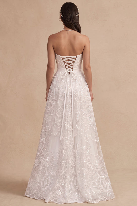 White Floral A-Line Strapless Ruched Floor-Length Wedding Dress with Slit