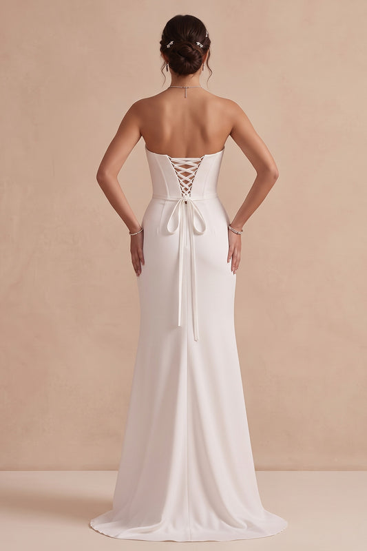 White Corset Strapless Ruched Sweep Train Wedding Dress with Slit