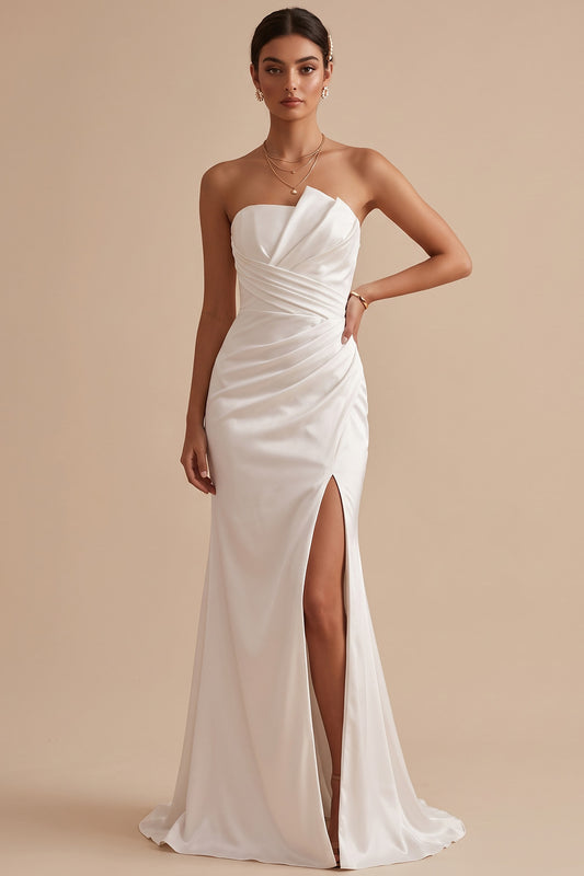 White Satin Mermaid Ruched Sweep Train Wedding Dress with Slit