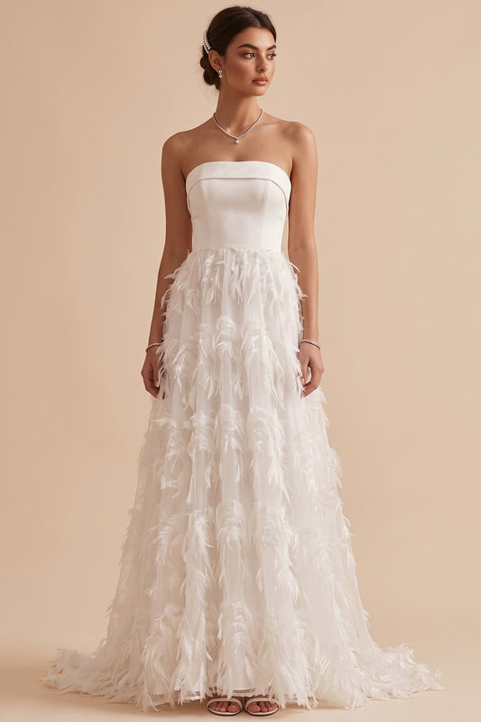 White A-Line Strapless Feathered Sweep Train Wedding Dress