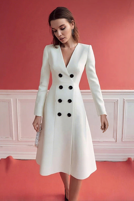 Ivory V-Neck A Line Double Breasted Midi Work Dress with Sleeves