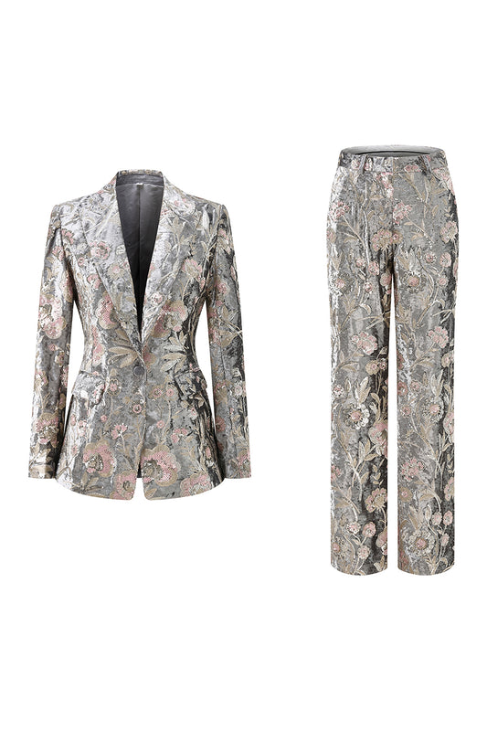 Sparkly Grey 2 Piece Peak Lapel Floral Women Prom Suits with Sequins