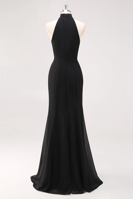 Black Mermaid Halter Neck Ruffled Long Formal Dress with Slit