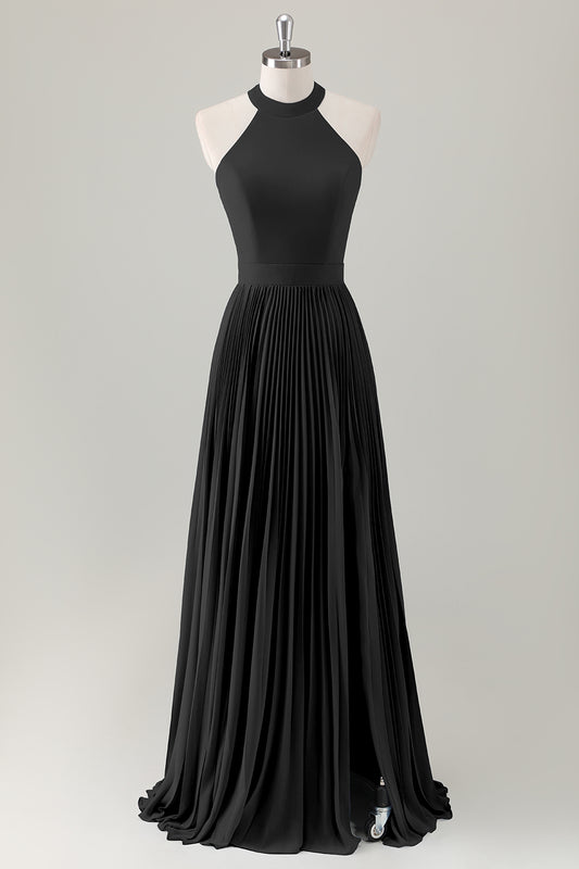 Dark Green A-Line Halter Long Bridesmaid Dress with Slit