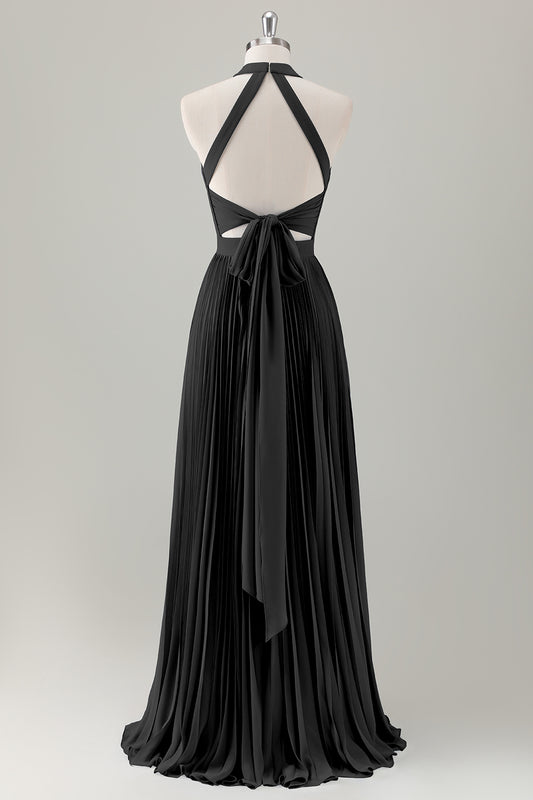 Dark Green A-Line Halter Long Bridesmaid Dress with Slit