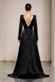 Peacock Green V-Neck Satin A Line Long Formal Dress with Sleeves Peacock Green V-Neck Satin A Line Long Formal Dress with Sleeves
