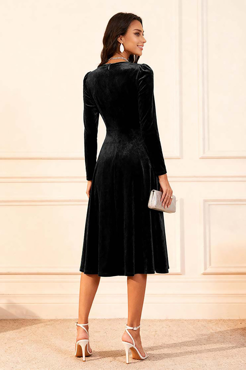 Dark Green A Line Velvet Midi Glitter Holiday Party Dress with Sleeves Dark Green A Line Velvet Midi Glitter Holiday Party Dress with Sleeves