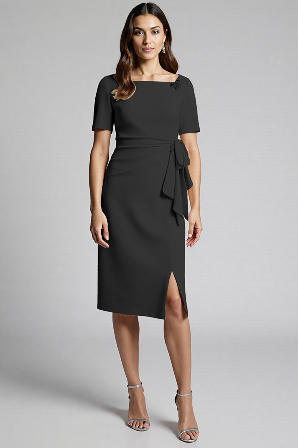 Champagne Bodycon Ruffled Midi Satin Work Dress with Short Sleeves Champagne Bodycon Ruffled Midi Satin Work Dress with Short Sleeves