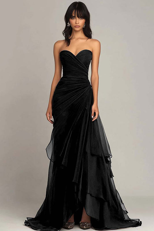Black Sweetheart Ruffled Formal Dress Ruched Strapless Mermaid Black Tie Wedding Guest Dress