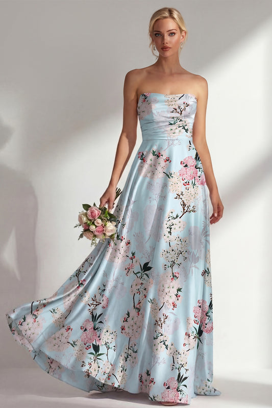 Strapless Ruched Blue Floral A Line Long Bridesmaid Dress