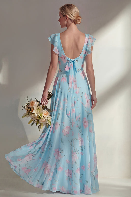 Boat Neck Blue Floral A Line Long Beach Bridesmaid Dress with Ruffles