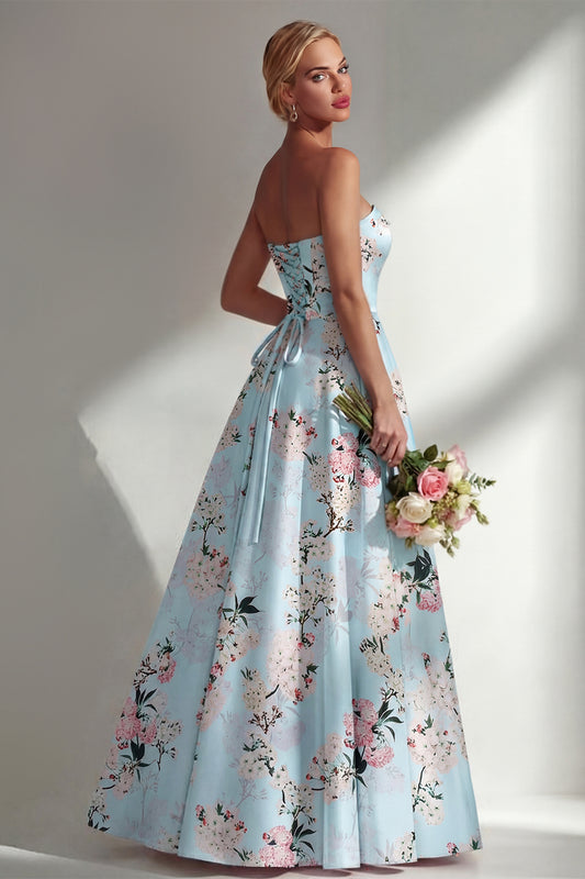 Strapless Ruched Blue Floral A Line Long Bridesmaid Dress