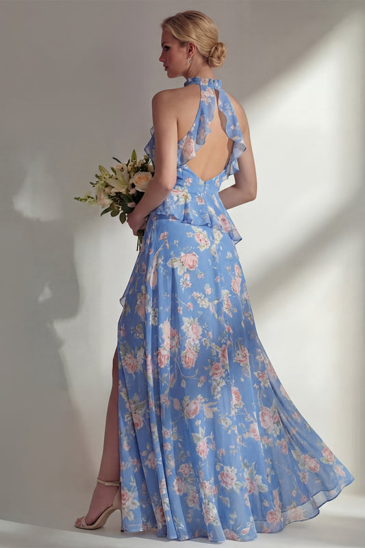 Blue Pink Flower A Line High Neck Ruffled Long Beach Bridesmaid Dress with Slit