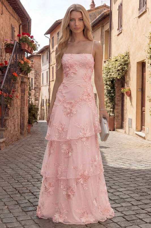 Zapakasa Women Blush Floral Long Prom Dress Tiered Ruffled Appliqued A Line Spaghetti Straps Gala Dress