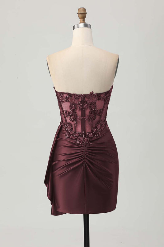 Sparkly Burgundy Corset Tight Short Homecoming Dress with Sequins