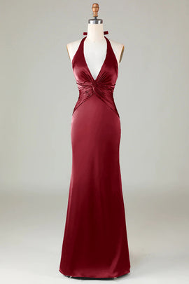 Elegant Burgundy Satin Halter Mermaid Bridesmaid Dress Open Back Maxi Prom Dress