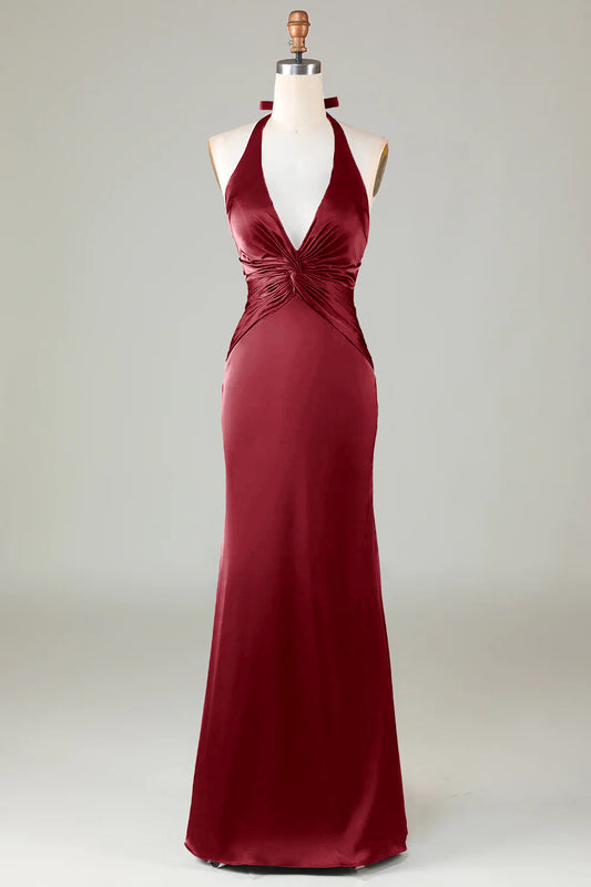Elegant Burgundy Satin Halter Mermaid Bridesmaid Dress Open Back Maxi Prom Dress