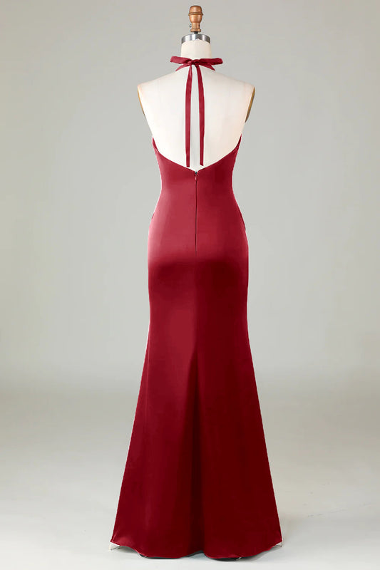 Burgundy Mermaid Halter Long Satin Bridesmaid Dress