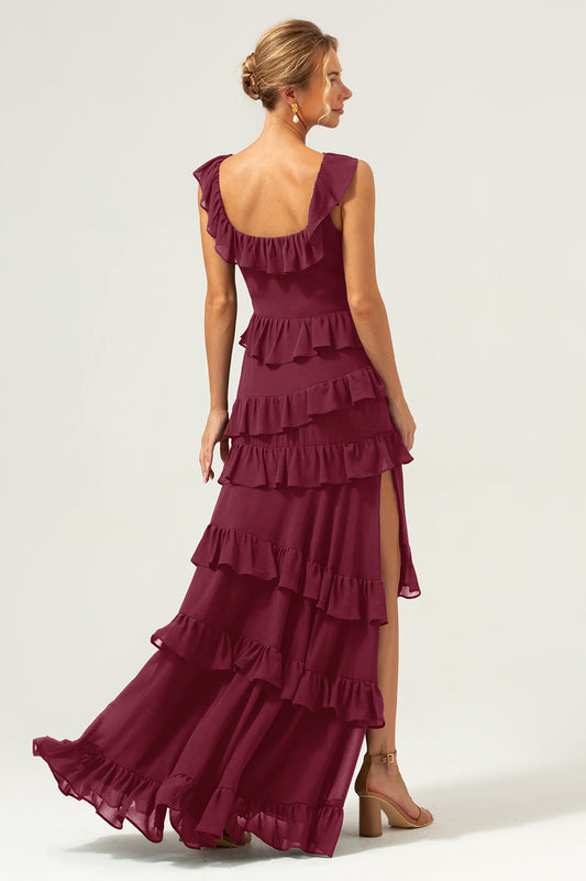 Burgundy A-Line Ruffleed Chiffon Long Bridesmaid Dress with Slit