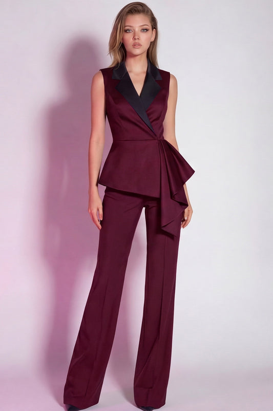 Burgundy 2 Piece Notched Lapel Business Suits with Sash
