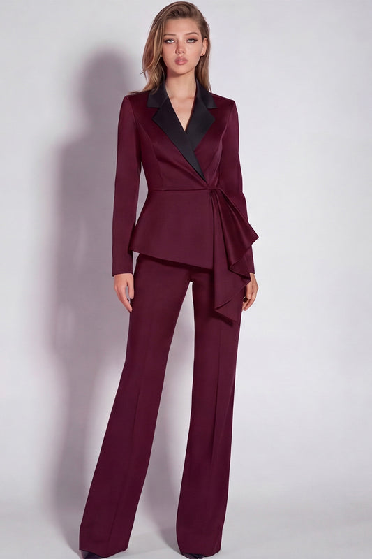 Notched Lapel Burgundy 2 Piece Business Suits with Sash