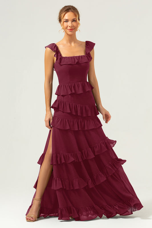 Burgundy Long Bridesmaid Dress Square Neck Tiered A-Line Chiffon Wedding Party Dress