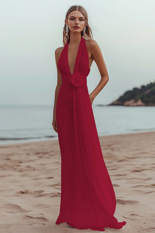 Burgundy A Line Deep V-Neck Long Formal Dress with 3D Flower