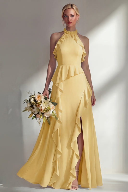 A Line High Neck Ruffled Butter Yellow Long Beach Bridesmaid Dress with Slit
