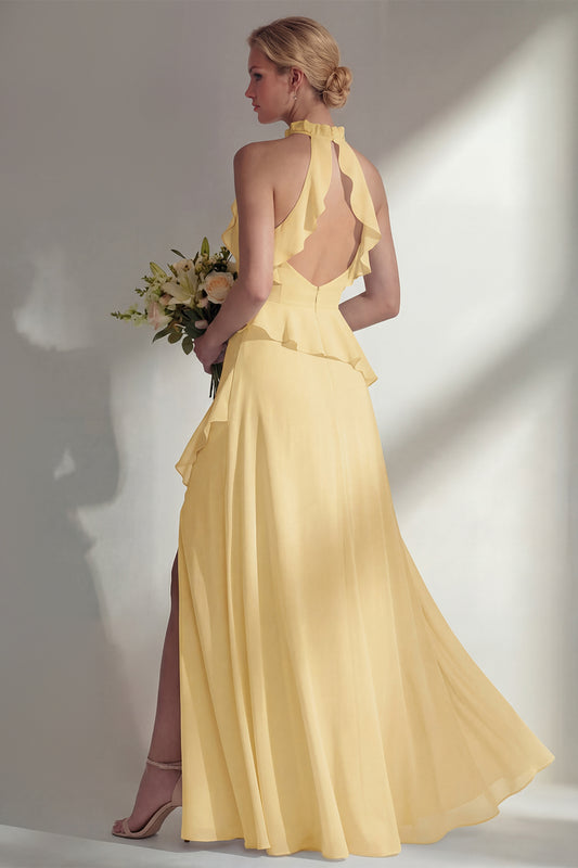 A Line High Neck Ruffled Butter Yellow Long Beach Bridesmaid Dress with Slit