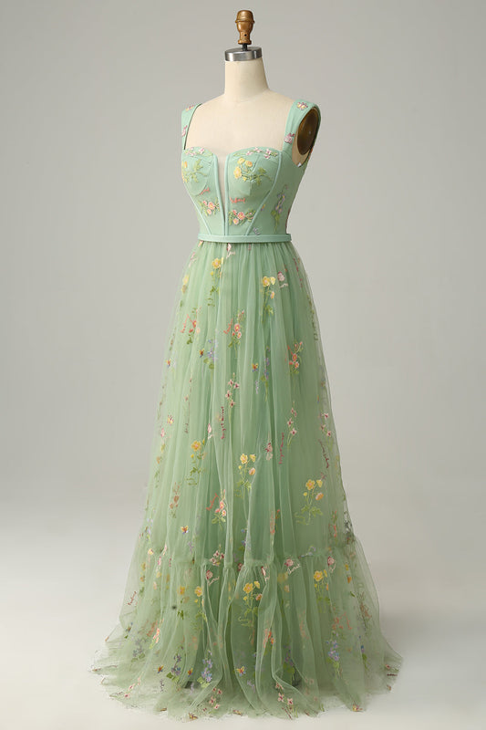 A Line Green Tulle Floral Prom Dress