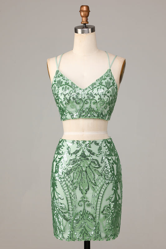 Two-Piece Spaghetti Straps Green Sequins Short Homecoming Dress
